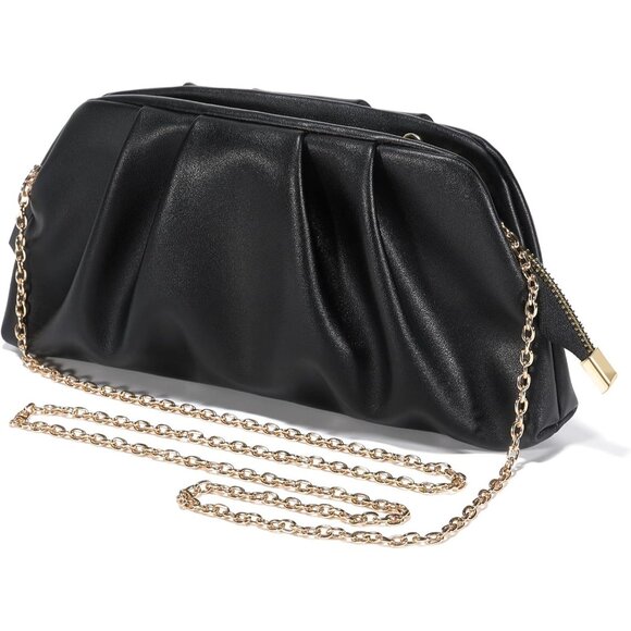 ⚡Women's Soft Pleated Vegan Leather Zipper Closure Evening Black Clutch Bag - Picture 4 of 6